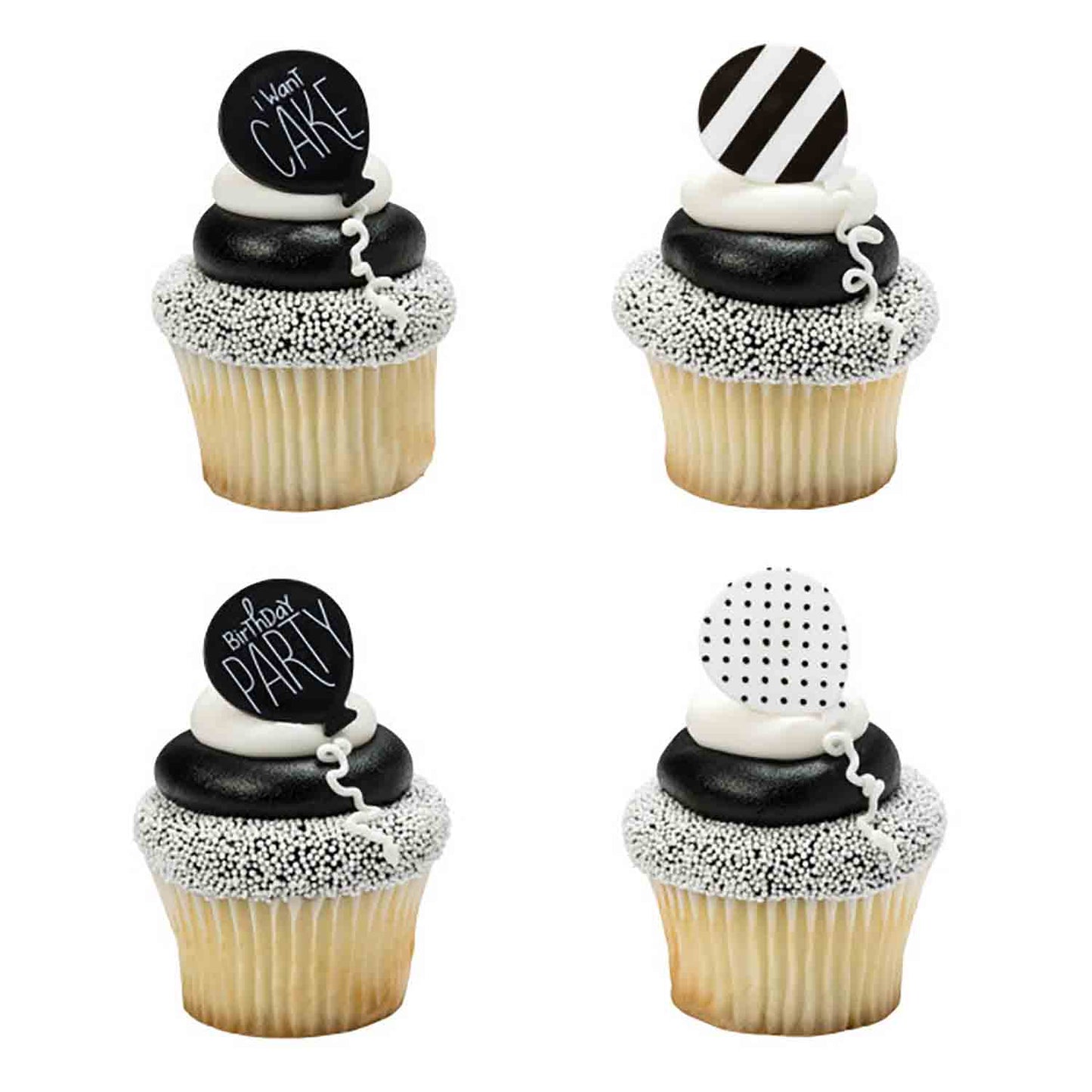Black & White Birthday Balloon Cupcake Toppers, 6 pack