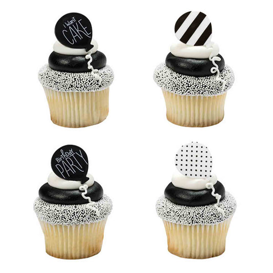 Black & White Birthday Balloon Cupcake Toppers, 6 pack