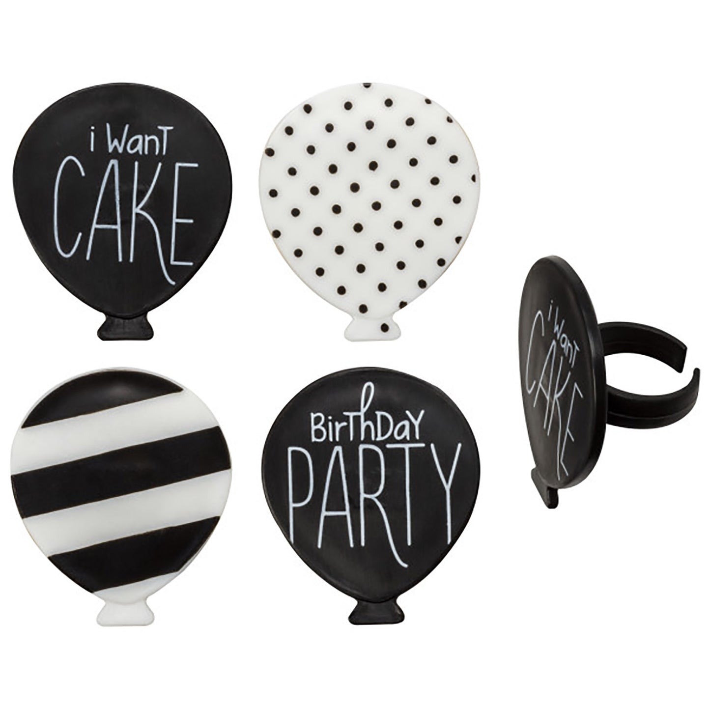 Black & White Birthday Balloon Cupcake Toppers, 6 pack