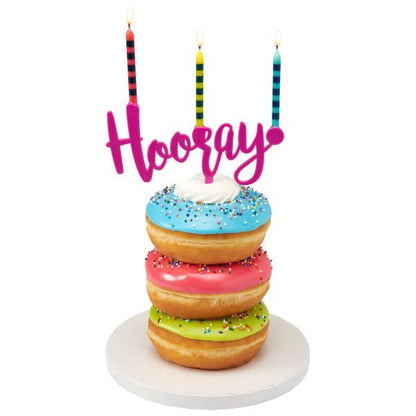 "Hooray!" Birthday Topper Candle Holder - pink